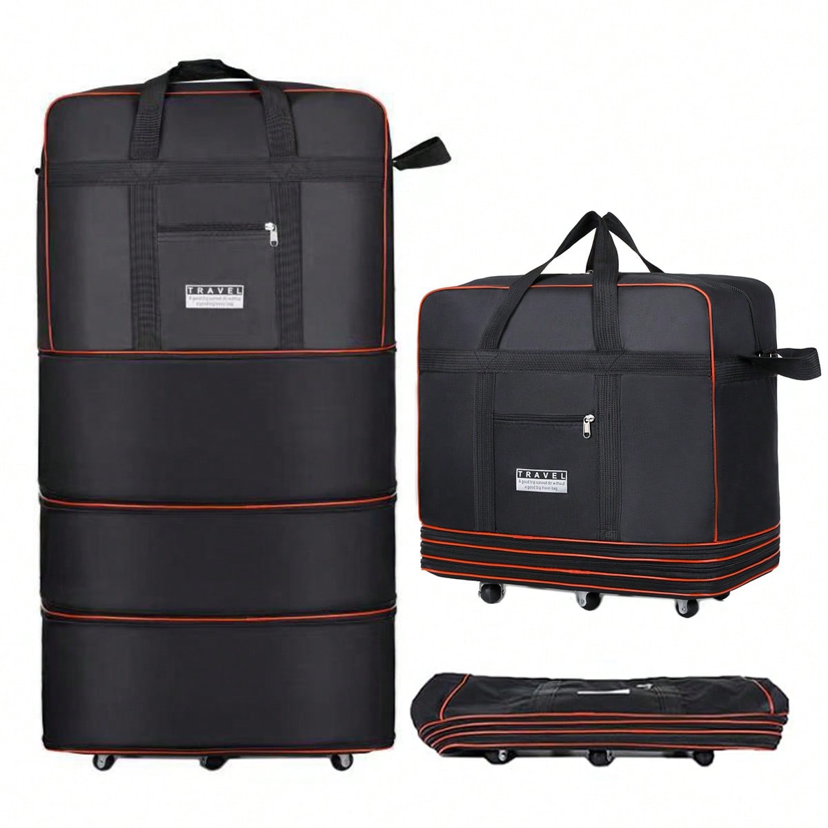Foldable Rolling Luggage Bag - Zwarte, inklapbare reistas met wielen, uitbreidbare,