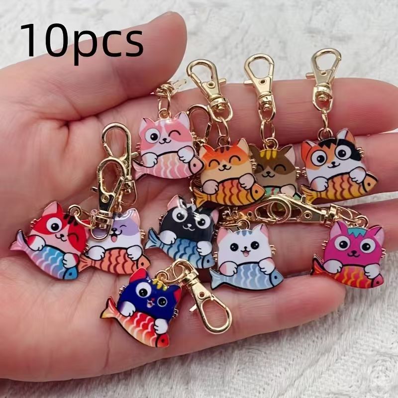 Wallets - 10 stuks geprinte katten-sleutelhangers van legering,