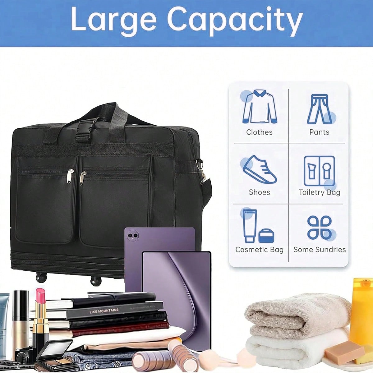 Zwarte reistas met wielen, uit - Foldable Rolling Luggage Bag recensie en prijs